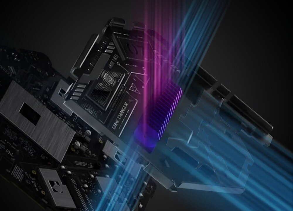 Router ASUS ROG Rapture GT-BE19000AI widok przekroju wnętrza urządzenia z widocznym radiatorem i płytką drukowaną przez którą przechodzą niebieskie i fioletowe smugi światła symbolizujące przepływ powietrza i chłodzenie, konstrukcja, chłodzenie, radiator, wentylacja
