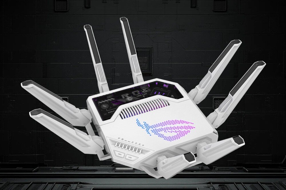 Router ASUS ROG Rapture GT-BE19000AI widok z góry na biały ośmioantenowy router z fioletowo-niebieskim logotypem na obudowie i przezroczystym elementem odsłaniającym fragment wnętrza na tle czarnej metalicznej tekstury, standard, pasma, podzespoły