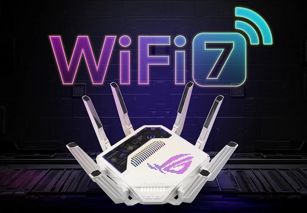Router ASUS ROG Rapture GT-BE19000AI biały router z rozłożonymi antenami umieszczony centralnie pod dużym neonowym napisem 'WiFi 7' w kolorach fioletowym i niebieskim, prędkość, standard, technologie