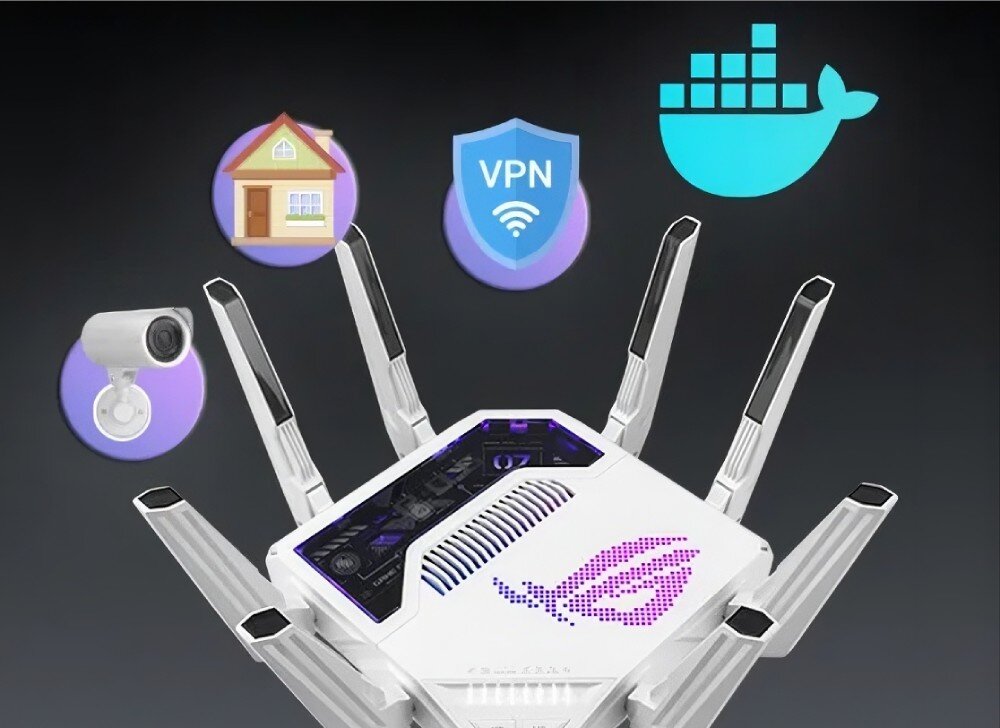Router ASUS ROG Rapture GT-BE19000AI grafika prezentująca router otoczony ikonami w kółkach przedstawiającymi dom, kamerę monitoringu, tarcze z napisem 'VPN' oraz błękitne logo platformy Docker, aplikacje, silnik Docker