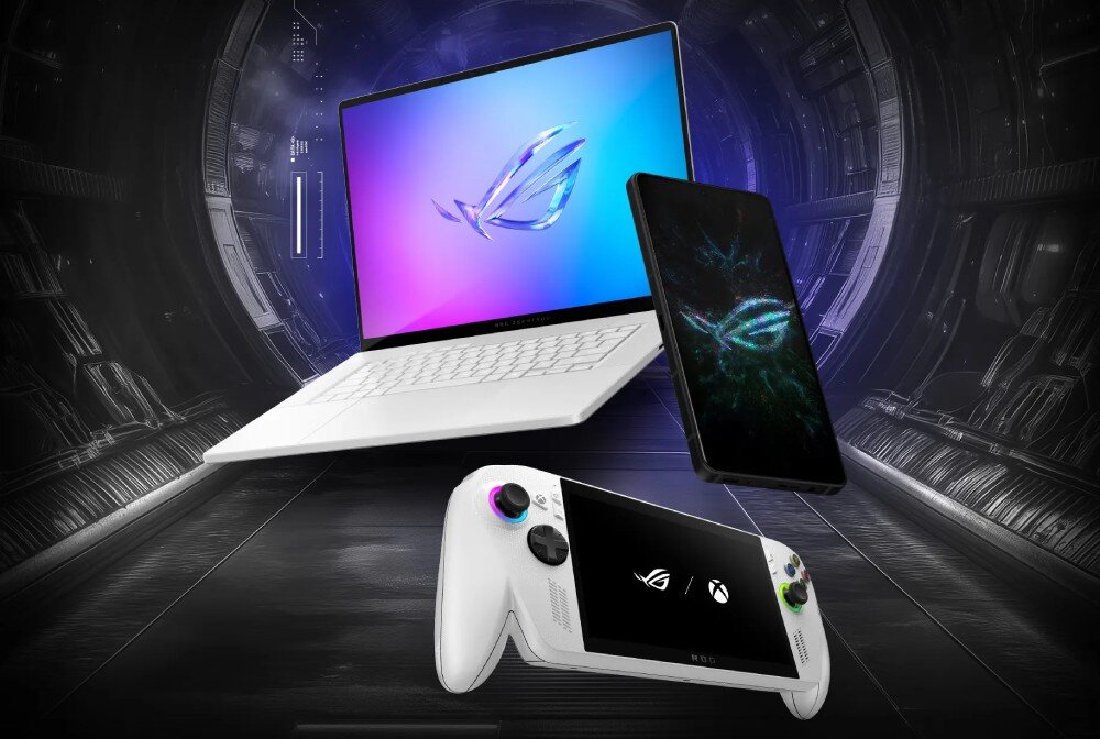 Router ASUS ROG Rapture GT-BE19000AI biały laptop, smartfon oraz przenośna konsola do gier unoszące się w przestrzeni przypominającej wnętrze futurystycznego tunelu, optymalizacja ruchu, trasy pakietów