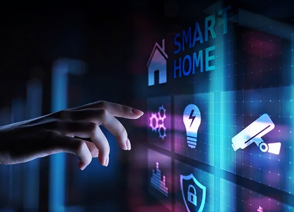 Router ASUS ROG Rapture GT-BE19000AI dłoń dotykająca przezroczystego panelu z ikonami sterowania inteligentnym domem takimi jak oświetlenie, monitoring i zabezpieczenia pod napisem 'SMART HOME', VPN, sieć dla gości