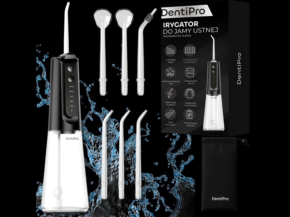 Irygator ALPHA DentiPro SWF-05 Czarny 5 trybów pracy, tryb delikatny i dla dzieci, do wrażliwych dziąseł
