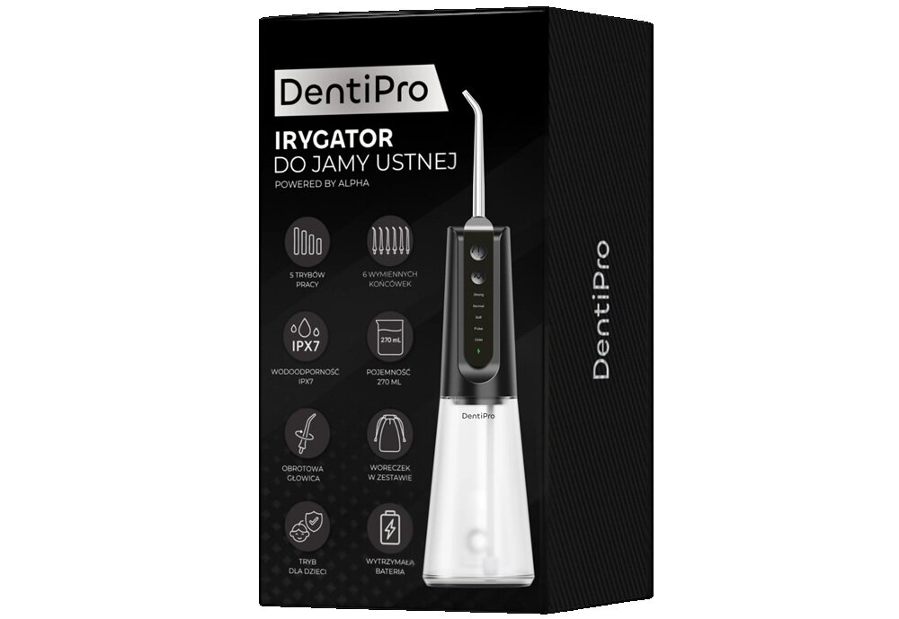 Irygator ALPHA DentiPro SWF-05 Czarny 6 wymiennych końcówek, dopasowana pielęgnacja, świeższy oddech