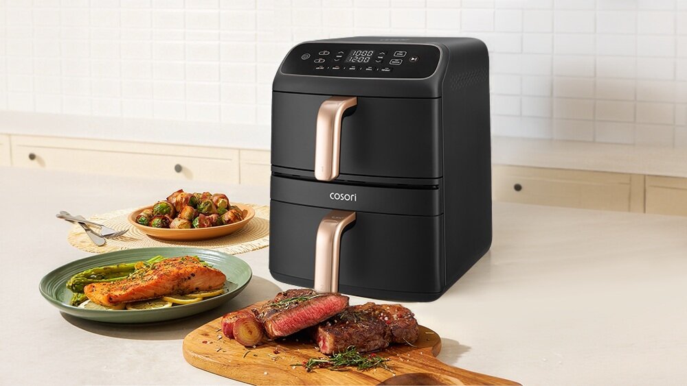 Air Fryer Frytkownica beztłuszczowa COSORI Turbo Tower Compact 8.6 l dwa niezależne kosze, dołączony ruszt, kilka potraw jednocześnie