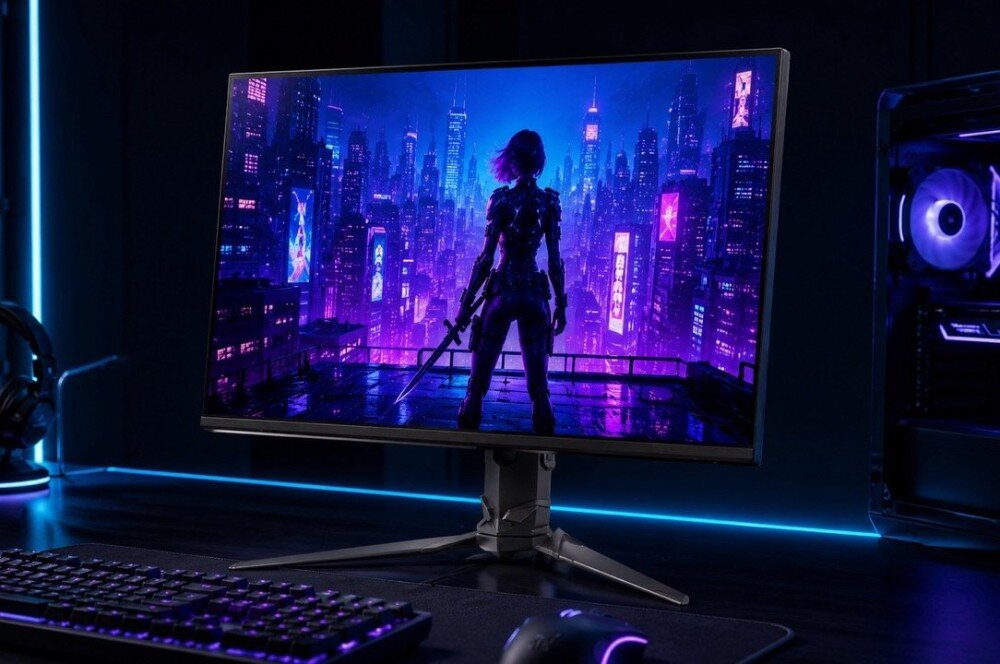 Monitor PREDATOR XB253QF3BMIIPRX Monitor komputerowy na biurku wyświetlający postać z mieczem na tle futurystycznego miasta nocą, obok widoczna klawiatura i komputer stacjonarny