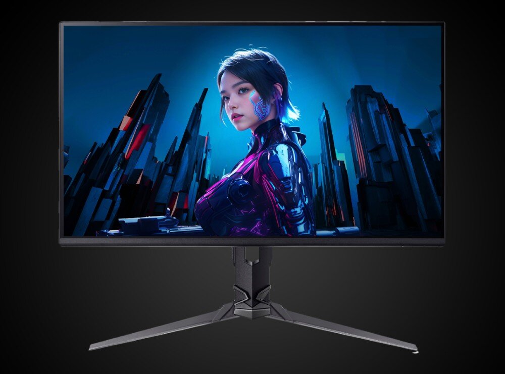 Monitor PREDATOR XB253QF3BMIIPRX Monitor komputerowy na ciemnym tle prezentujący na ekranie postać kobiety w futurystycznym skafandrze na tle geometrycznych kształtów