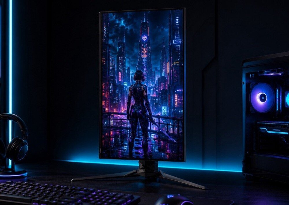 Monitor PREDATOR XB253QF3BMIIPRX Monitor komputerowy ustawiony pionowo na biurku, wyświetlający postać z mieczem tyłem na tle wysokich budynków w futurystycznym mieście nocą