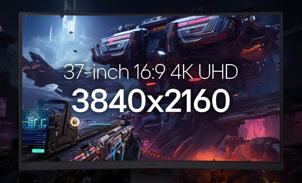 Monitor LG UltraGear 37G800A-B Zbliżenie na ekran monitora wyświetlający grafikę z gry wideo o tematyce science-fiction z dużym białym napisem '37-inch 16:9 4K UHD 3840x2160' na środku, przekątna, rozdzielczość, obraz