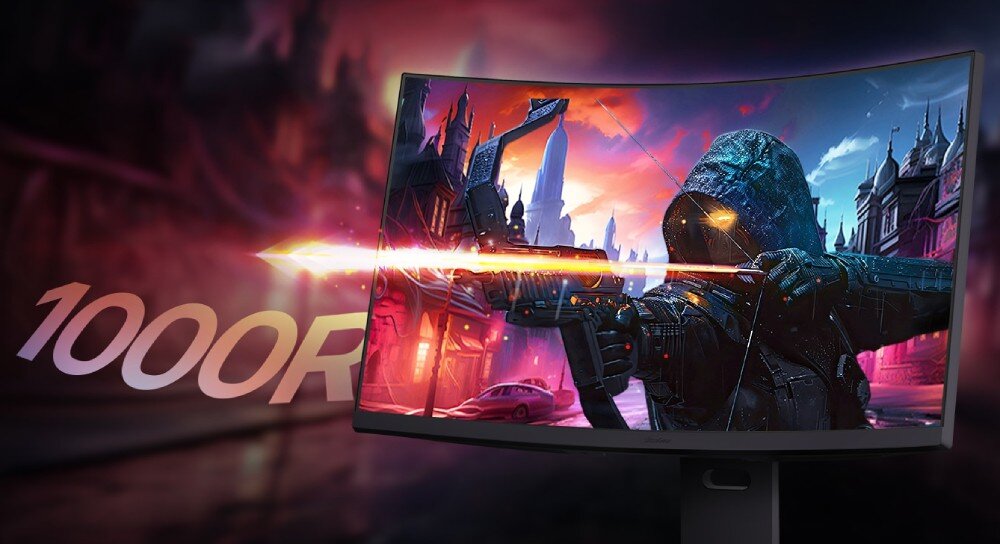 Monitor LG UltraGear 37G800A-B Ekran zakrzywionego monitora widziany pod kątem wyświetlający grafikę z łucznikiem celującym z łuku na tle futurystycznego miasta z napisem '1000R' po lewej stronie, zakrzywienie, proporcje