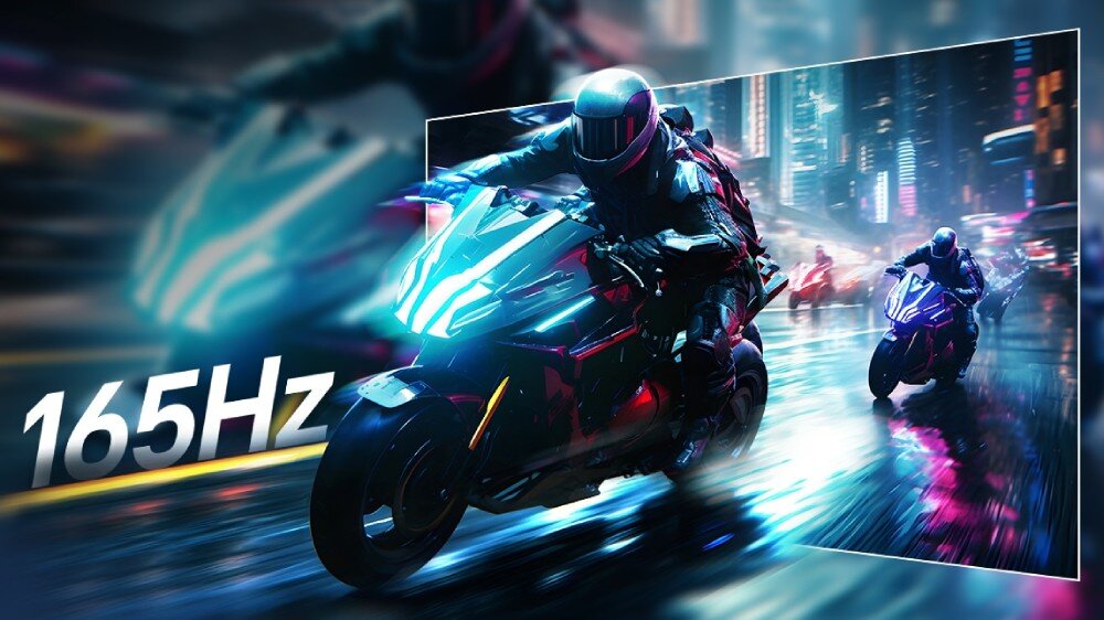 Monitor LG UltraGear 37G800A-B Grafika na ekranie monitora przedstawiająca motocyklistów pędzących przez miasto nocą z efektem rozmycia ruchu oraz dużym napisem '165Hz' po lewej stronie, odświeżanie, płynność