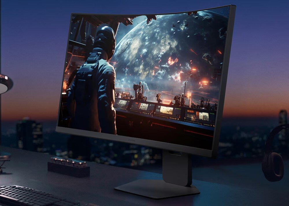 Monitor LG UltraGear 37G800A-B Zakrzywiony monitor ustawiony na biurku w ciemnym pokoju wyświetlający grafikę z wnętrza stacji kosmicznej z widokiem na planetę w tle, podstawa, regulacja, mocowanie VESA