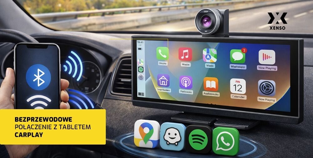 XENSO X11 CarPlay Android Auto Bluetooth Wi-Fi aplikacje w samochodzie, samochodowy tablet zamontowany na pulpicie auta, ręka trzymająca smartfon