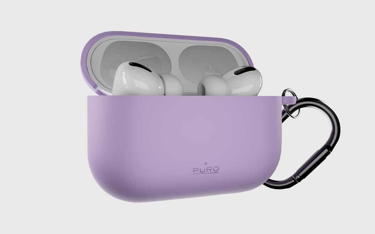 Etui na słuchawki PURO Icon Air do Apple AirPods Pro 3 miękkie silikonowe etui ochronne wygodne w dotyku ochrona przed zarysowaniami, etui na słuchawki po skosie na szarym tle