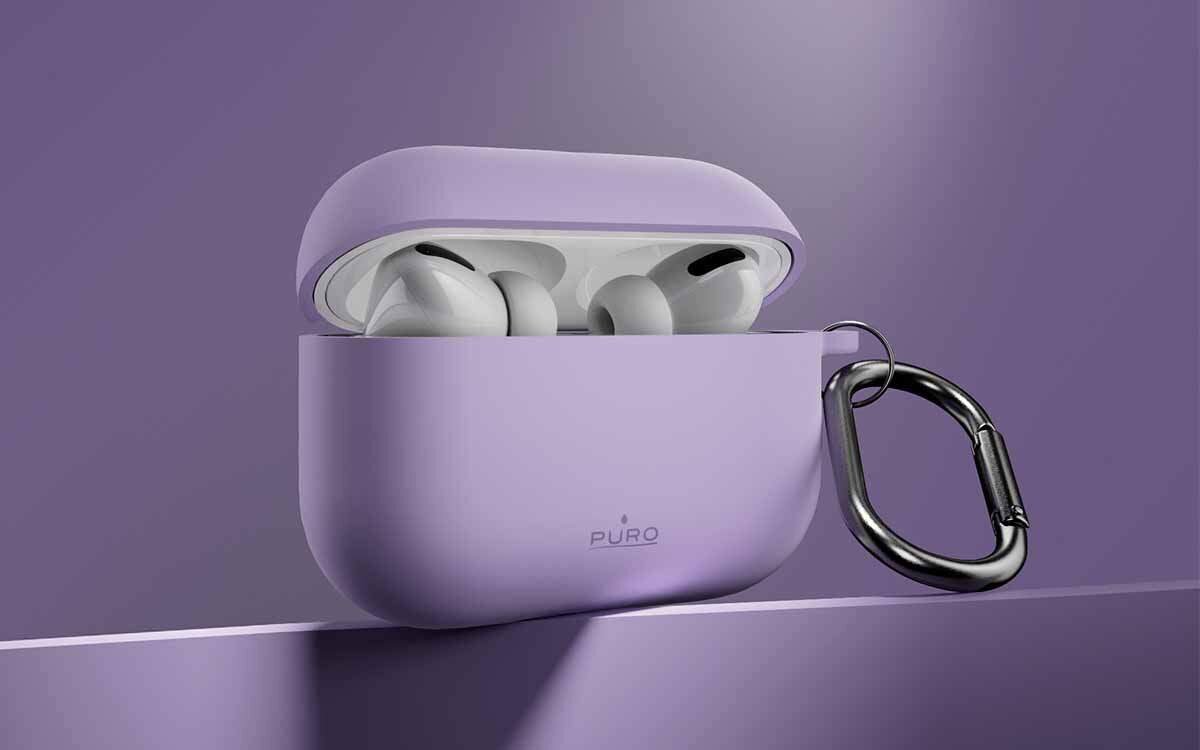 Etui na słuchawki PURO Icon Air do Apple AirPods Pro 3 silikonowe etui elastyczny materiał pewny chwyt ochrona powierzchni, etui na słuchawki po skosie na lawendowym tle