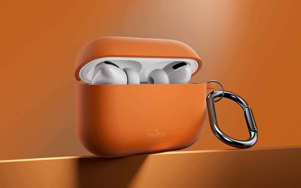 Etui na słuchawki PURO Icon Air do Apple AirPods Pro 3 silikonowe etui elastyczny materiał pewny chwyt ochrona powierzchni, etui na słuchawki po skosie na pomarańczowym tle