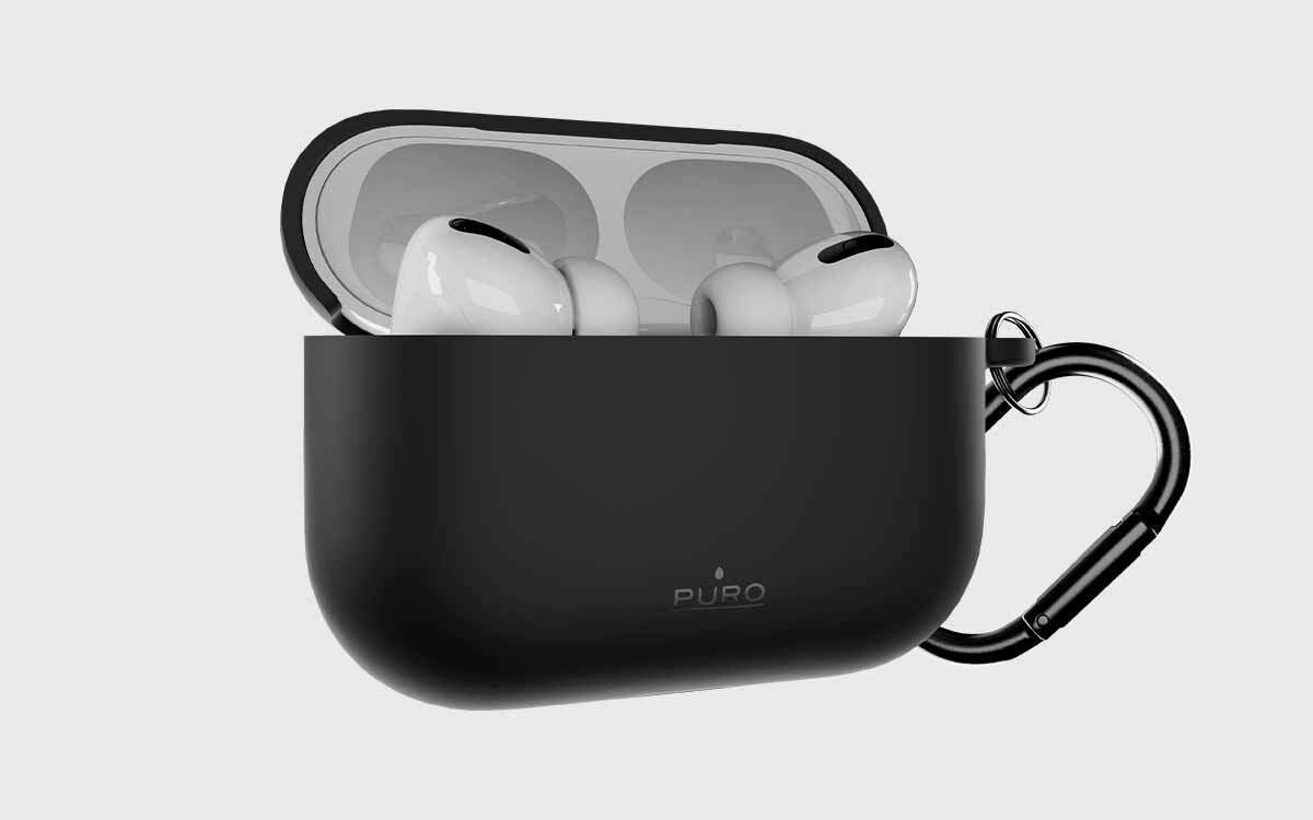 Etui na słuchawki PURO Icon Air do Apple AirPods Pro 3 miękkie silikonowe etui ochronne wygodne w dotyku ochrona przed zarysowaniami, etui na słuchawki po skosie na szarym tle