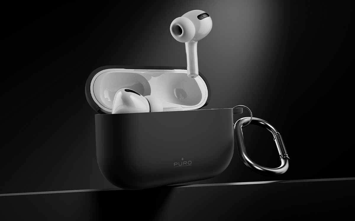 Etui na słuchawki PURO Icon Air do Apple AirPods Pro 3 silikonowe etui elastyczny materiał pewny chwyt ochrona powierzchni, etui na słuchawki po skosie na czarnym tle