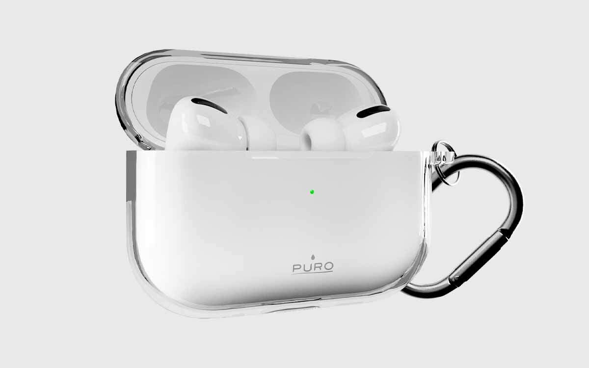 Etui na słuchawki PURO Icon Air do Apple AirPods Pro 3 miękkie silikonowe etui ochronne wygodne w dotyku ochrona przed zarysowaniami, etui na słuchawki po skosie na szarym tle