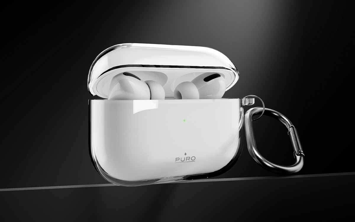 Etui na słuchawki PURO Icon Air do Apple AirPods Pro 3 silikonowe etui elastyczny materiał pewny chwyt ochrona powierzchni, etui na słuchawki po skosie na czarnym tle