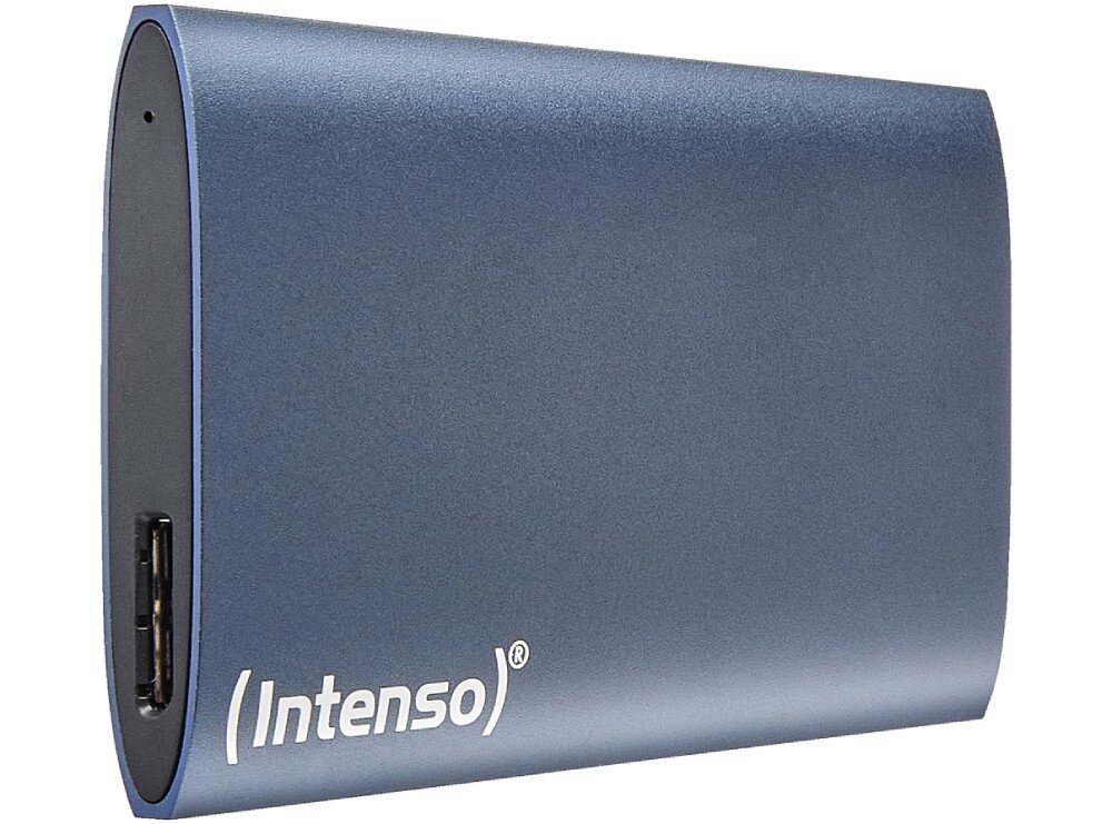Dysk INTENSO Premium Zewnętrzny dysk ustawiony pionowo w ujęciu z boku, ukazujący podłużny port USB oraz mały otwór diody na bocznej, zaokrąglonej krawędzi obudowy, działanie, wydajność, interfejs
