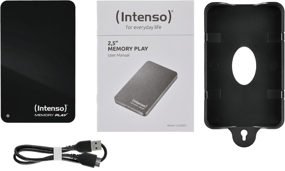 Dysk INTENSO Memory Play Zestaw zawierający dysk zewnętrzny, papierową instrukcję obsługi, plastikowy uchwyt montażowy oraz zwinięty kabel USB