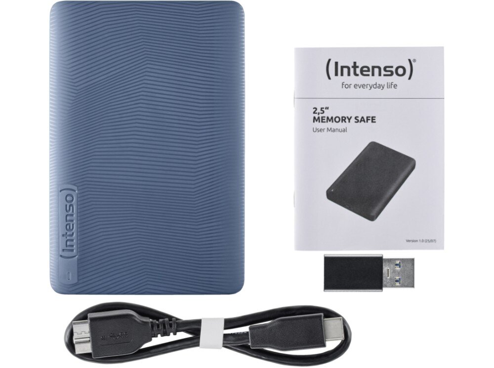 Dysk INTENSO Memory Safe Zestaw zawierający dysk zewnętrzny, papierową instrukcję obsługi, czarny kabel połączeniowy z dwiema różnymi wtyczkami oraz mały adapter USB, komplet