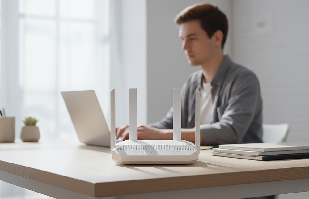 Router KEENETIC Hero KN-1012 Zbliżenie na router z czterema antenami ustawiony na biurku, przy którym w tle siedzi mężczyzna pracujący na laptopie w jasnym biurze