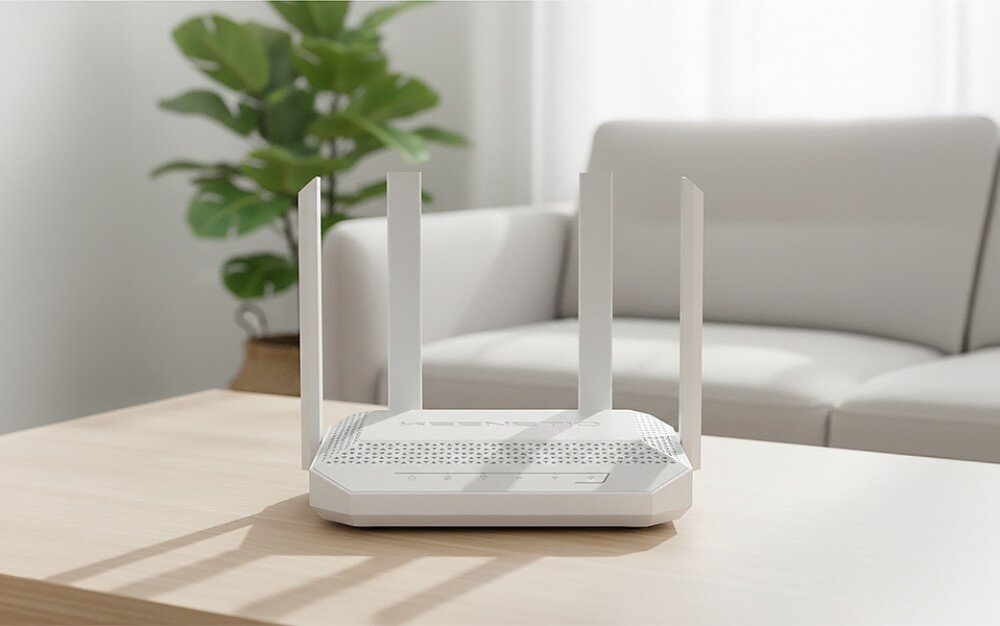Router KEENETIC Hopper 4G+ Zbliżenie na biały router z czterema uniesionymi antenami stojący na jasnym meblu, w tle widać fragment szarej sofy i roślinę doniczkową