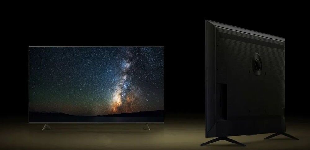 Telewizor IFFALCON 65U85 slim design metalowa obudowa bezramkowy wygląd, dwa kadry telewiozra na ciemnym tle
