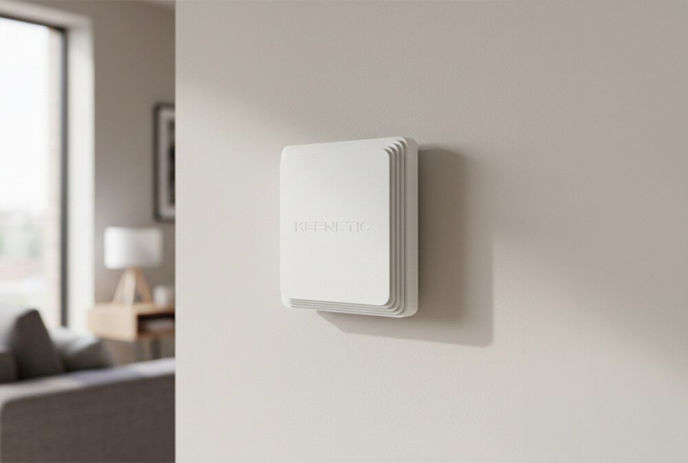 Punkt dostępu KEENETIC Orbiter Pro AC1300 Zbliżenie na białe urządzenie o schodkowych krawędziach obudowy zamontowane na jasnej ścianie wewnątrz pomieszczenia