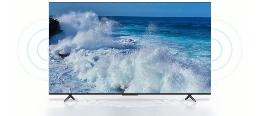 Telewizor IFFALCON 75U85 Dolby Atmos przestrzenny dźwięk kino domowe, telewizor od frontu z którego wydobywa się dźwięk na białym tle