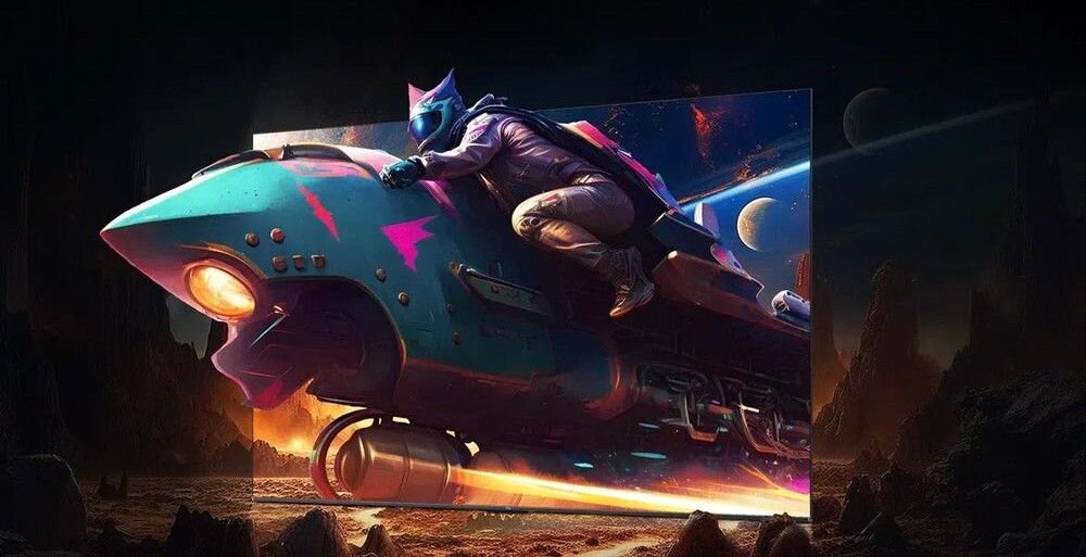 Telewizor IFFALCON 75U85 Game Master optymalizacja gry parametry, postać siedząca na futurystycznym pociągu wyjeżdżającym z ekranu telewizora