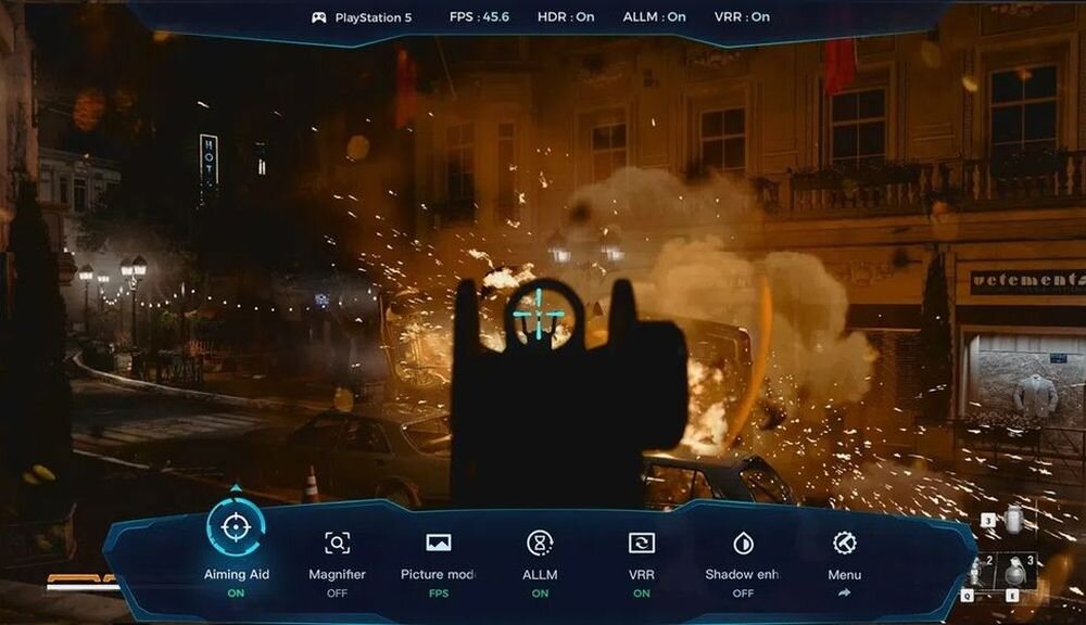 Telewizor IFFALCON 75U85 aiming aid celowanie gaming funkcje, kadr z gry akcji