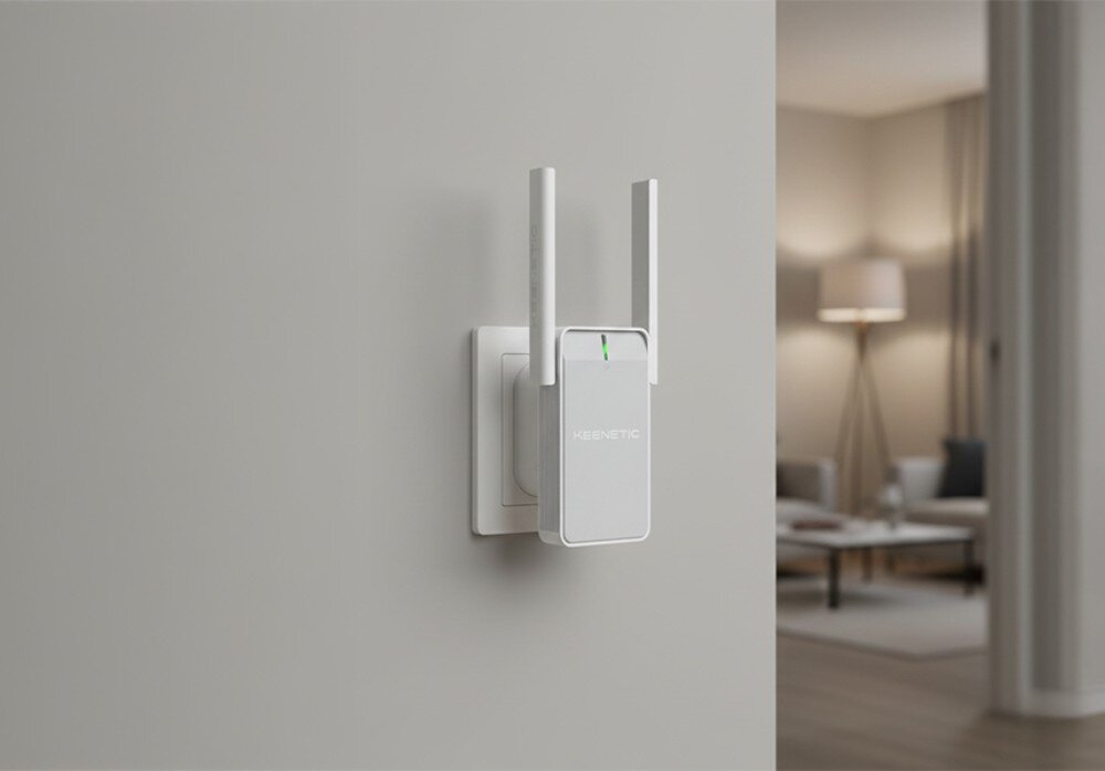Wzmacniacz sieci KEENETIC Buddy 4 Urządzenie rozszerzające zasięg sieci z dwiema antenami zamocowane w białym gniazdku na ścianie, na drugim planie widoczny rozmazany salon z zapaloną lampą