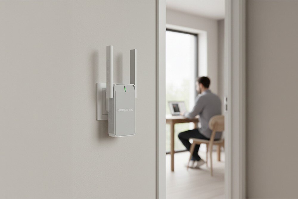 Wzmacniacz sieci KEENETIC Buddy 4 Prostopadłościenne urządzenie z antenami zamontowane w gniazdku na pierwszym planie, w tle przez otwarte drzwi widać osobę pracującą przy biurku z laptopem