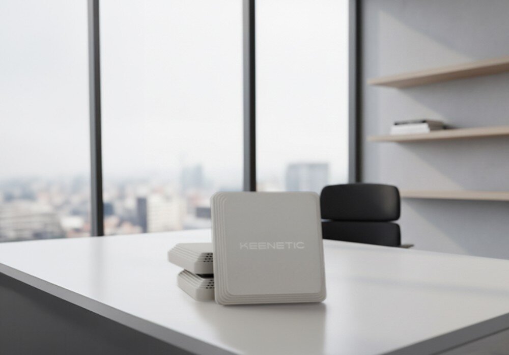 Punkt dostępu KEENETIC Voyager Pro Białe kwadratowe urządzenie stojące na białym blacie na tle dużego okna z widokiem na panoramę miasta