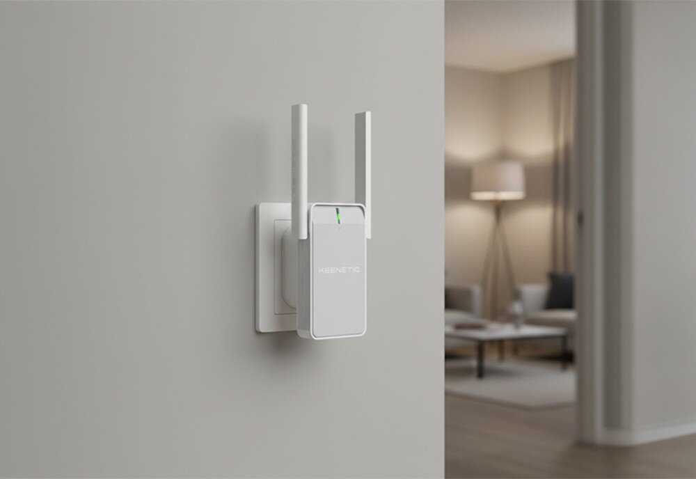Wzmacniacz sieci KEENETIC Buddy 5 białe urządzenie sieciowe z dwiema antenami i zielonym światełkiem wpięte do gniazdka na jasnej ścianie na tle rozmytego salonu
