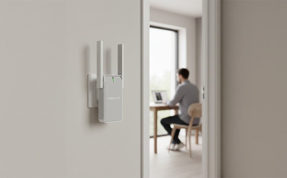 Wzmacniacz sieci KEENETIC Buddy 5 białe urządzenie z dwiema antenami wpięte do gniazdka na ścianie, w tle przez otwarte drzwi widać postać siedzącą przy biurku