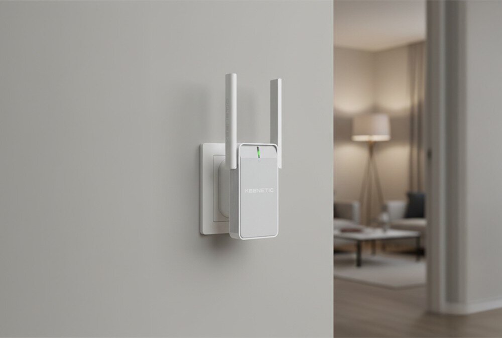 Wzmacniacz sieci KEENETIC Buddy 6 Biały wzmacniacz sygnału z dwiema antenami wpięty do gniazdka na gładkiej szarej ścianie, w tle rozmyte wnętrze salonu