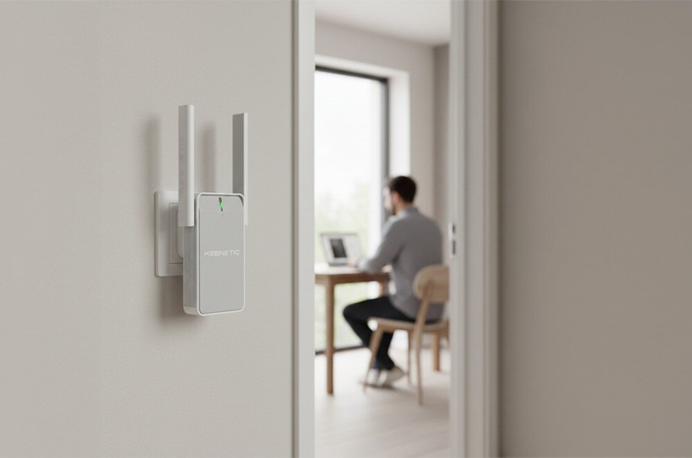 Wzmacniacz sieci KEENETIC Buddy 6 Białe urządzenie z dwiema antenami zamontowane w gniazdku, w tle widać mężczyznę pracującego przy biurku obok okna