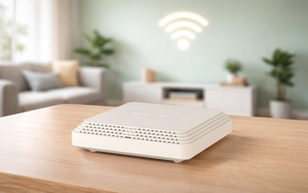 Router KEENETIC Sprinter SE białe urządzenie z charakterystycznymi żłobieniami na obudowie stoi na drewnianym blacie w jasnym salonie z roślinami doniczkowymi w tle