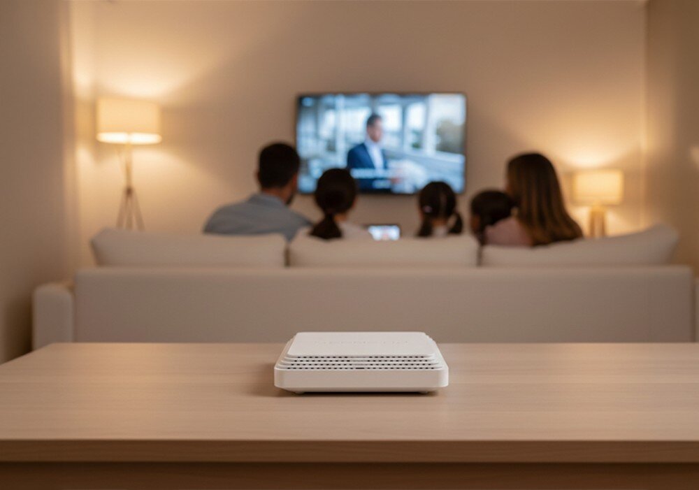 Router KEENETIC Sprinter SE białe urządzenie elektroniczne na drewnianym stole na pierwszym planie, a w tle rodzina siedzi na sofie i ogląda program w telewizji