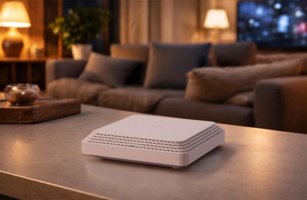 Router KEENETIC Sprinter SE białe urządzenie o niskim profilu stoi na szarym blacie w pokoju dziennym oświetlonym ciepłym światłem lamp wieczorową porą