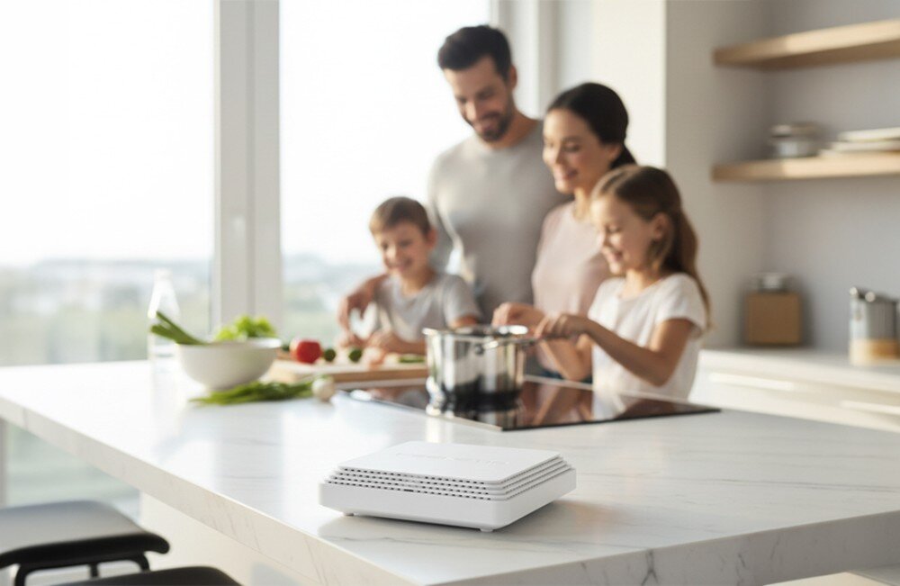 Router KEENETIC Sprinter SE białe urządzenie sieciowe na marmurowym blacie w jasnej kuchni, w której rodzina wspólnie przygotowuje posiłek przy wyspie kuchennej