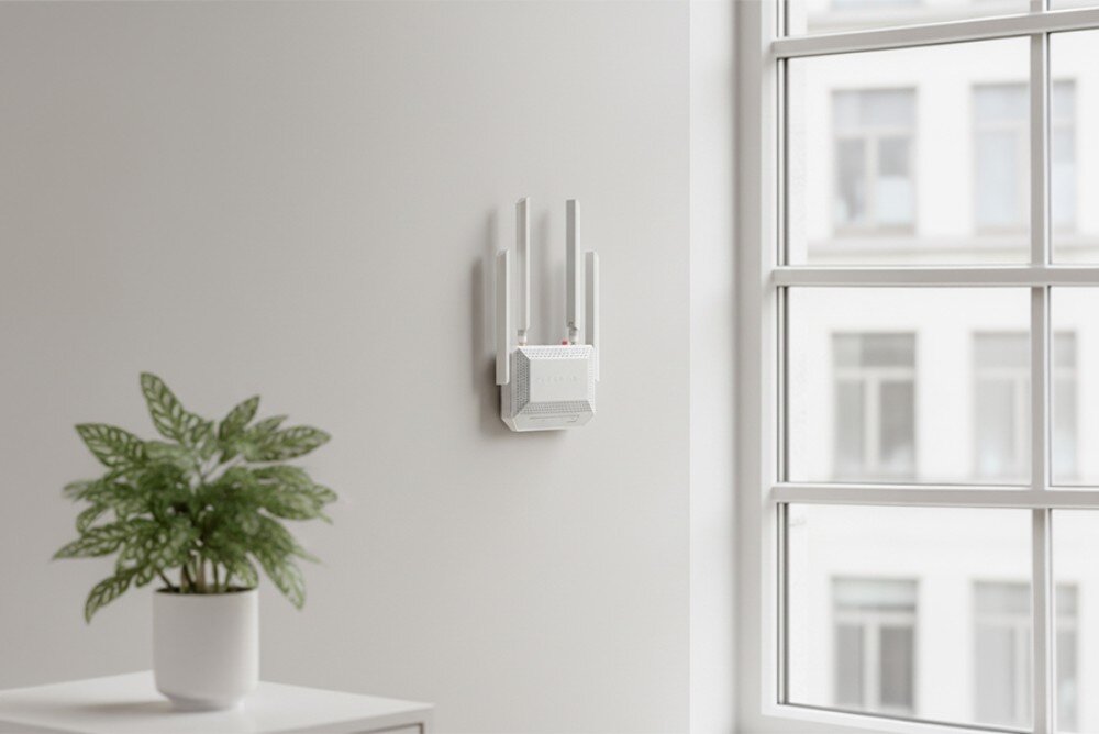 Router KEENETIC Speedster 4G+ Biały ruter przytwierdzony do białej ściany w widnym pokoju obok zielonej rośliny w doniczce