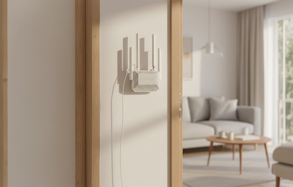 Router KEENETIC Speedster 4G+ Biały ruter zawieszony na ścianie w nasłonecznionym salonie z szarą sofą i stolikiem kawowym w tle