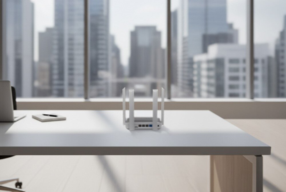 Router KEENETIC Speedster 4G+ Biały ruter na białym biurku na tle panoramicznego okna z widokiem na centrum miasta