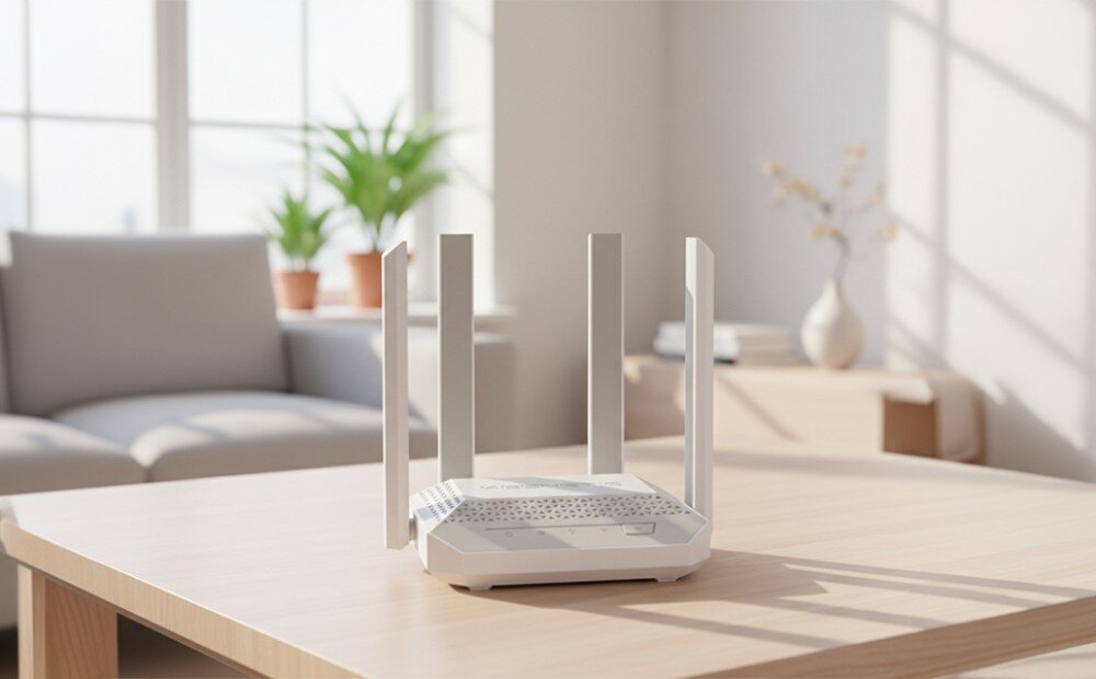 Router KEENETIC Speedster 4G+ Biały ruter z czterema pionowymi antenami na drewnianym stole w jasnym pomieszczeniu z kanapą w tle