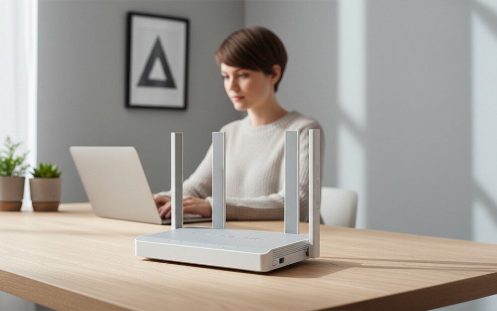 Router KEENETIC Hopper DSL Biały router z czterema antenami stoi na jasnym, drewnianym stole obok otwartego laptopa i tabletu, a w tle przez duże okno widać górski krajobraz i las